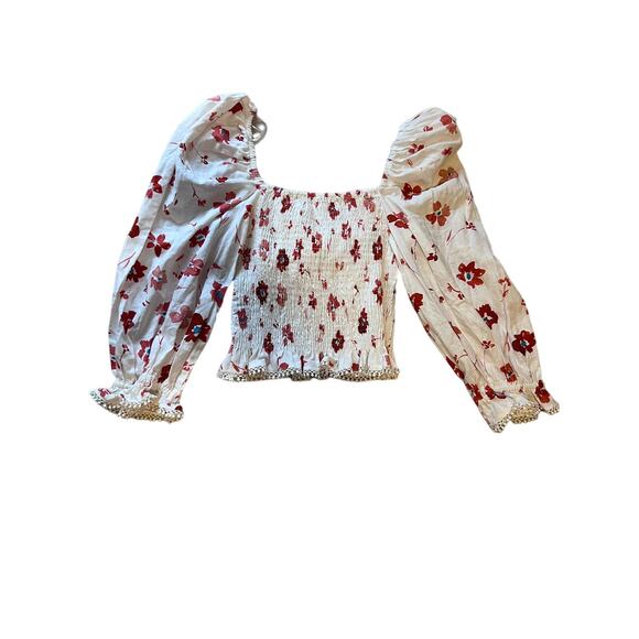 NWT Zara Linen Blend Floral Print Ruched Cream Print Blouse xs - Picture 8 of 12